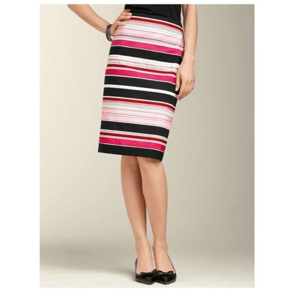 Talbots Petite Ribbon Striped Pencil Skirt Pink Black White Back Zip Size 6P